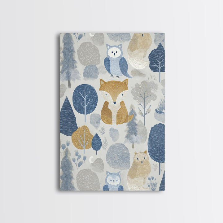 Fox and Owl Friends Framed Canvas Print, Nursery Decor, Wall Decor, Fine Art, Nursery, Woodland Nursery Decor, Nursery Prints, NDE-2x3-46