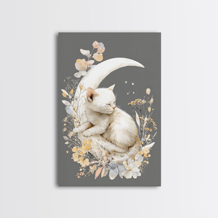 Sleeping Kitten on Crescent Moon Canvas Print, Nursery Decor, Nursery Art, Nursery, Kids Wall Art, Nursery Wall Decals, NDE-2x3-49