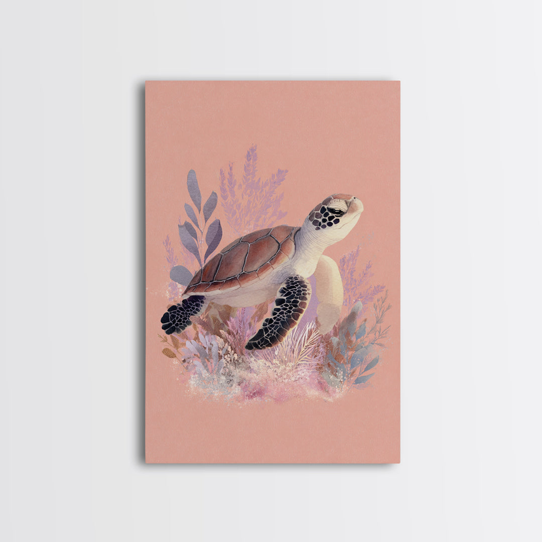 Tiny Turtle with Sea Plants Framed Canvas Print, Nursery Decor, Nursery Wall Art, Oil Painting, Nursery, Botanical Wall Art, NDE-2x3-51