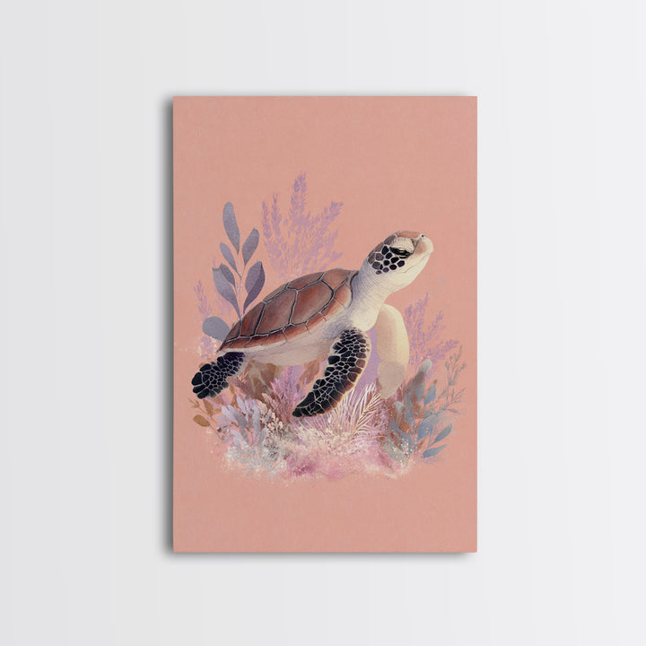 Tiny Turtle with Sea Plants Framed Canvas Print, Nursery Decor, Nursery Wall Art, Oil Painting, Nursery, Botanical Wall Art, NDE-2x3-51