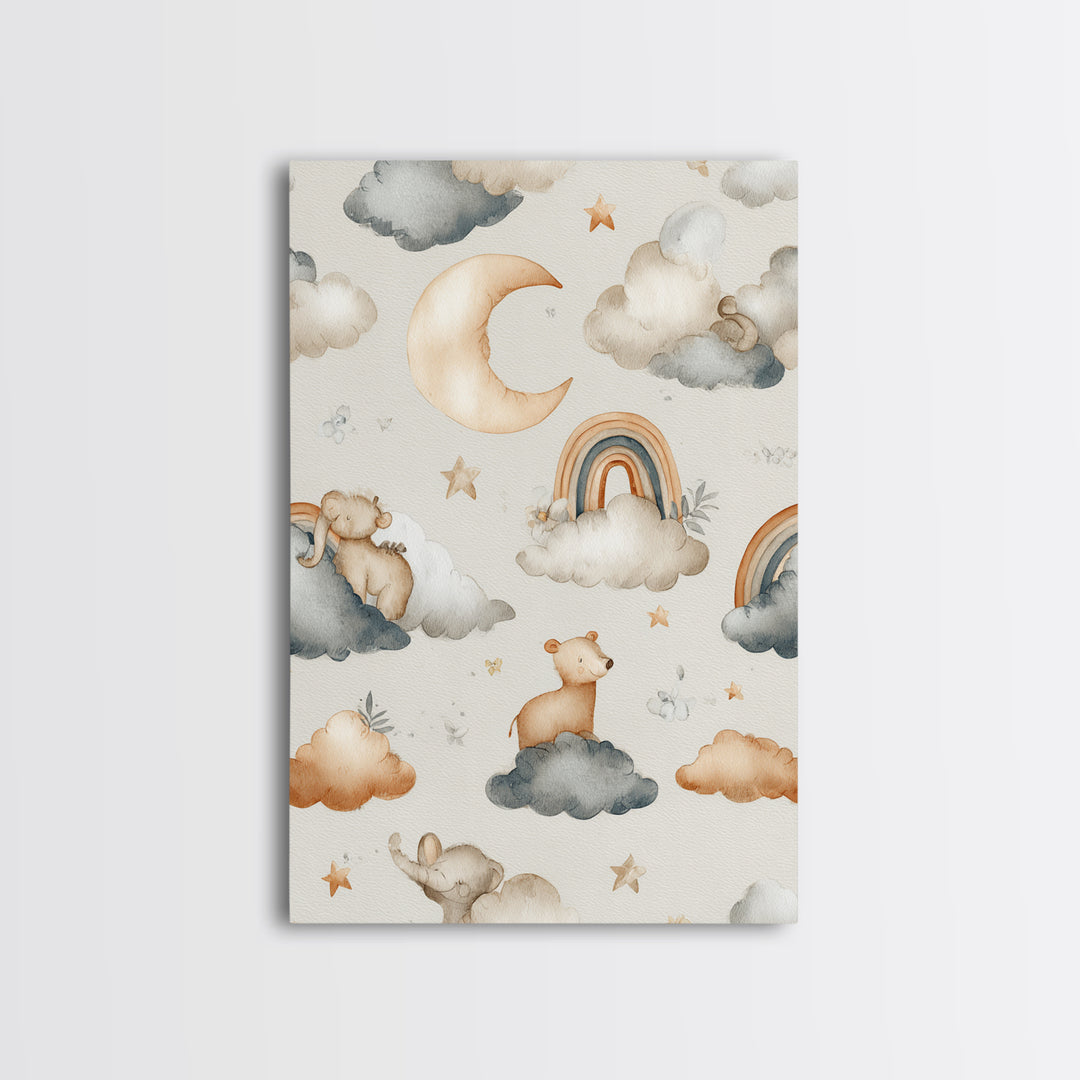 Cloud Rainbow and Raindrop Composition Framed Canvas Print, Nursery Decor, Wall Decor, Nursery, Woodland Nursery Decor, NDE-2x3-52