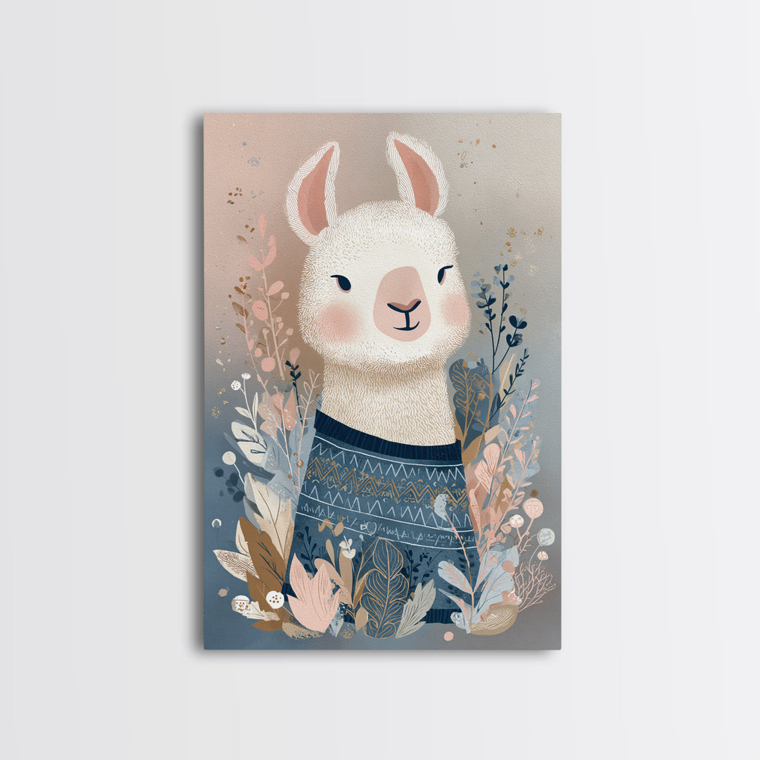 Cute Llama with Blanket Pattern Framed Canvas Print, Nursery Decor, Wall, Oil Painting, Nursery, Nursery Wall Decals, NDE-2x3-53