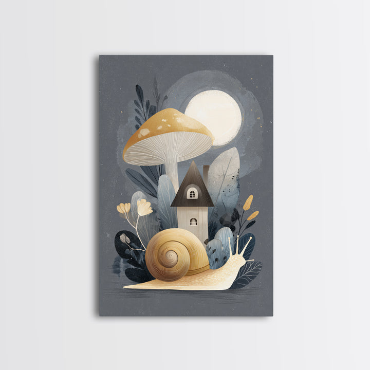 Garden Snail with Mushroom House Framed Canvas Print, Nursery Decor, Framed Wall Art, Oil Painting, Nursery, NDE-2x3-55
