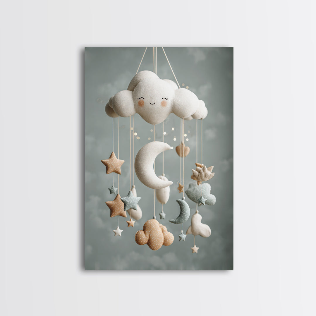 Moon Phase Mobile Framed Canvas Print, Nursery Decor, Wall, Oil Painting, Nursery, Nursery Wall Decals, Woodland Nursery, NDE-2x3-59