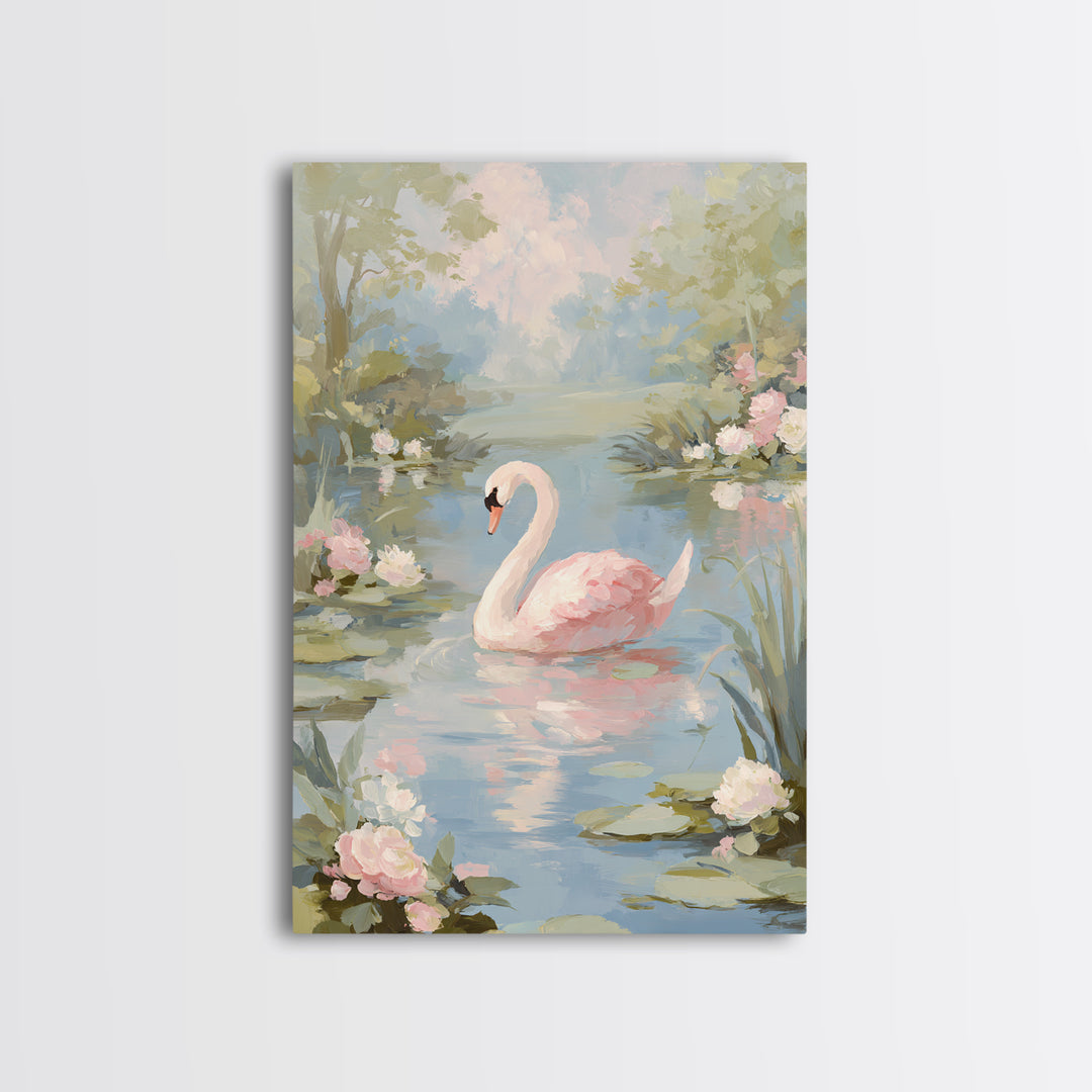 Pink Swan on Calm Pond Framed Canvas Print, Nursery Decor, Floral Wall Art, Fine Art, Nursery, Gallery Decor, Neutral Decor, NDE-2x3-69
