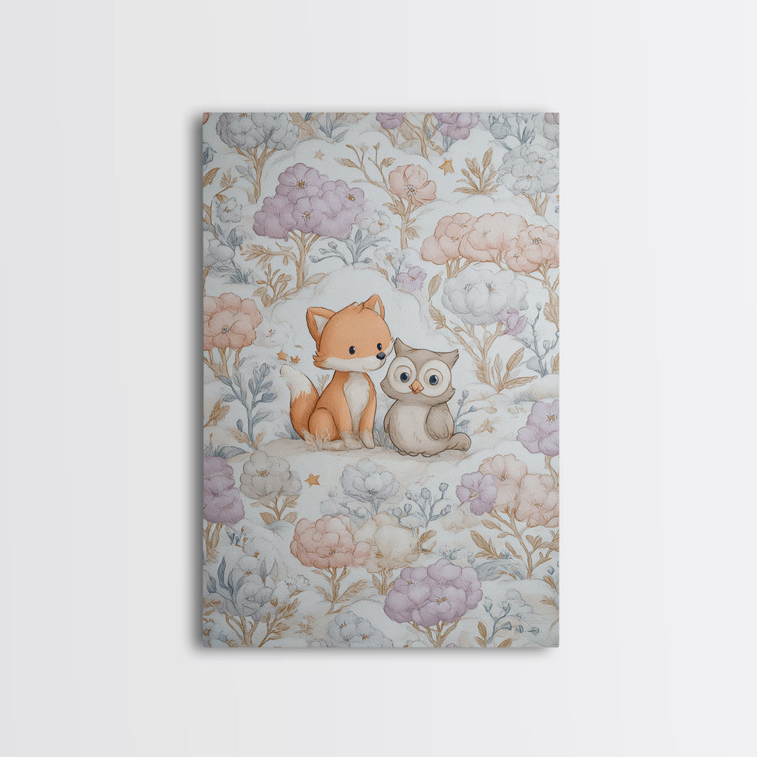 Fox and Owl Friends Canvas Print, Nursery Decor, Framed Wall Art, Oil Painting, Nursery, Safari Nursery Decor, Floral Wallpaper, NDE-2x3-70
