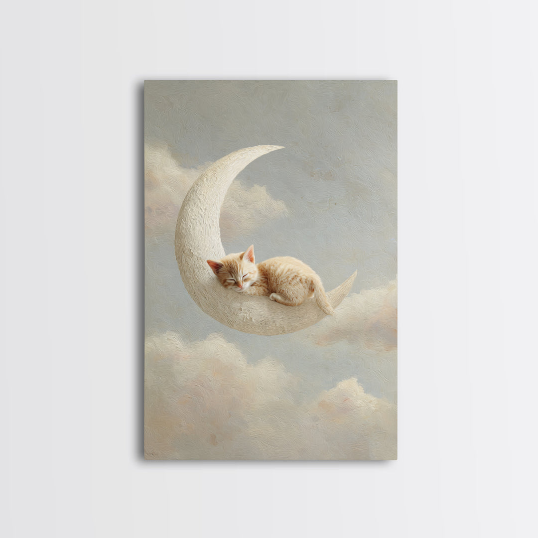 Sleeping Kitten on Crescent Moon Framed Canvas Print, Nursery Decor, Botanical Wall Art, Fine Art, Nursery, Neutral Decor, NDE-2x3-73