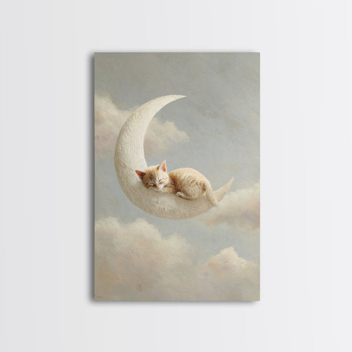 Sleeping Kitten on Crescent Moon Framed Canvas Print, Nursery Decor, Botanical Wall Art, Fine Art, Nursery, Neutral Decor, NDE-2x3-73