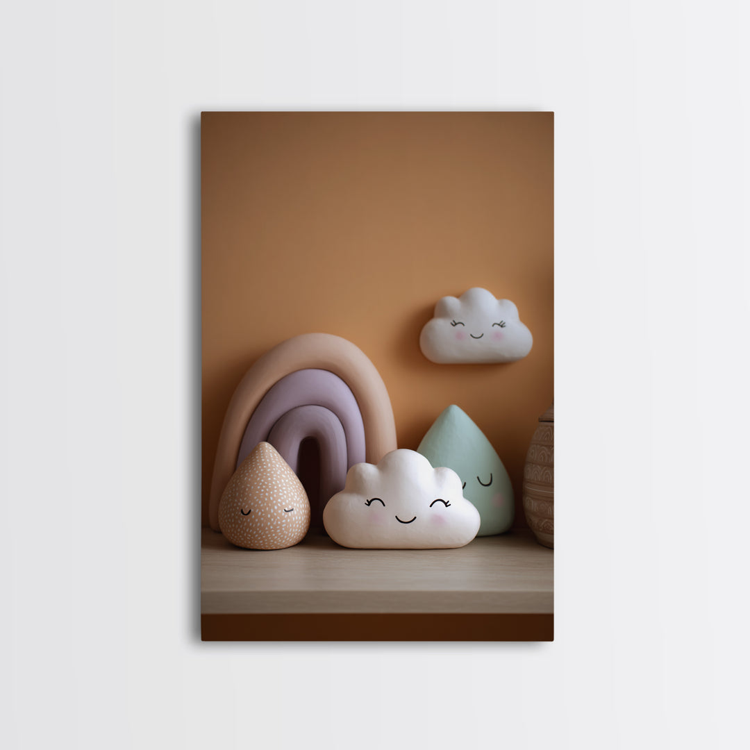 Cloud Rainbow and Raindrop Composition Framed Canvas Print, Nursery Decor, Nursery Name Sign, Fine Art, Nursery, Luxury Decor, NDE-2x3-76