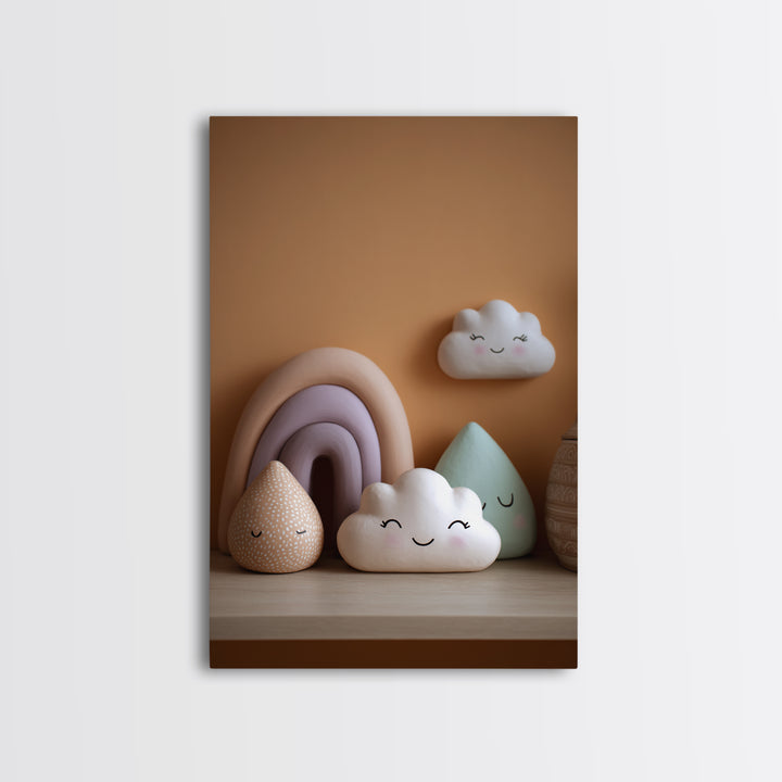 Cloud Rainbow and Raindrop Composition Framed Canvas Print, Nursery Decor, Nursery Name Sign, Fine Art, Nursery, Luxury Decor, NDE-2x3-76