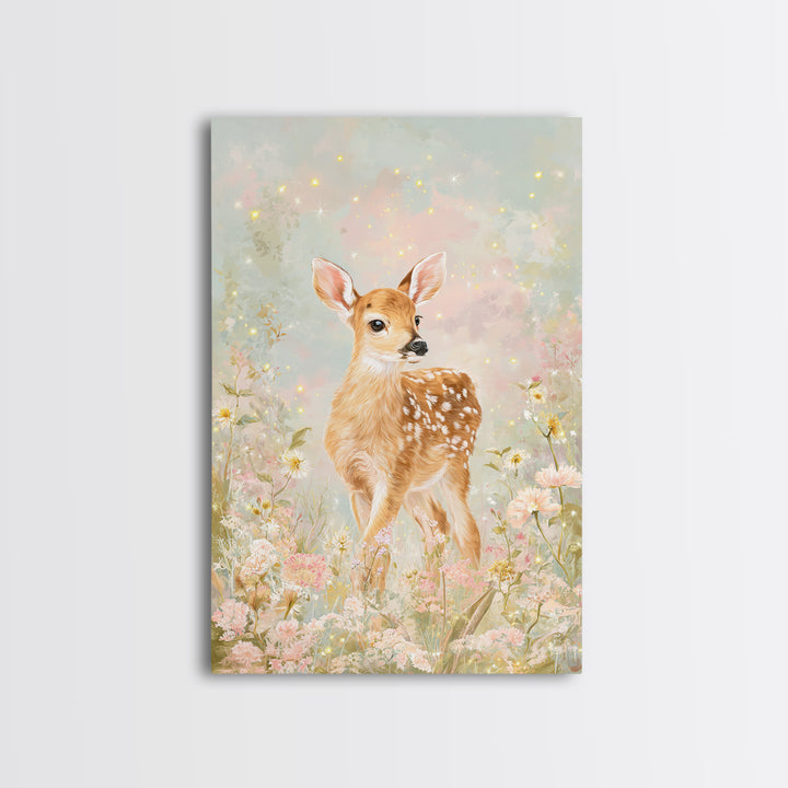 Baby Deer in Meadow with Fireflies Framed Canvas Print, Nursery Decor, Wall Decal, Nursery, Wall Light, Girl Nursery Decor, NDE-2x3-78