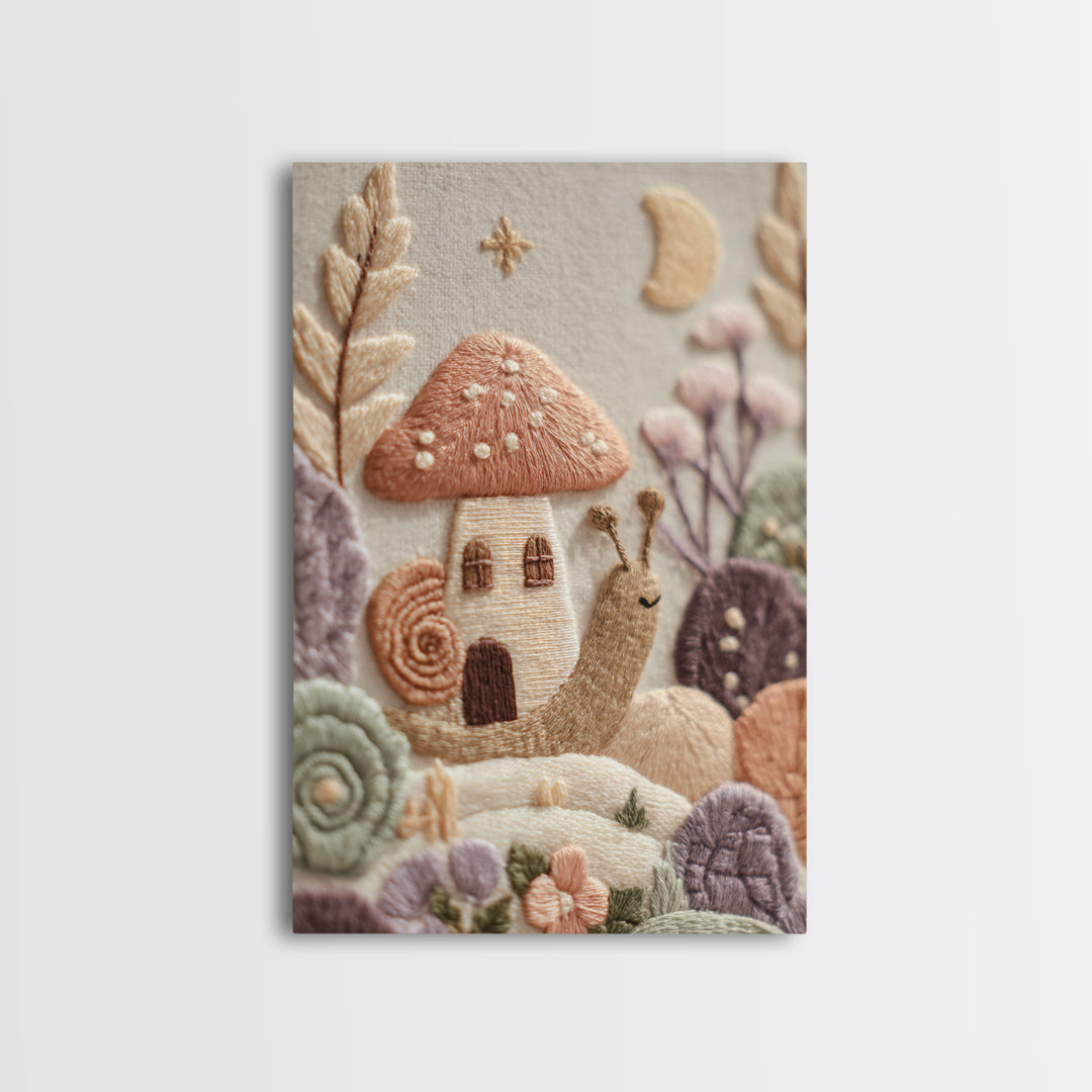 Garden Snail with Mushroom House Canvas Print, Nursery Decor, Nursery Art, Watercolor Art, Nursery, Kids Wall Art, NDE-2x3-79