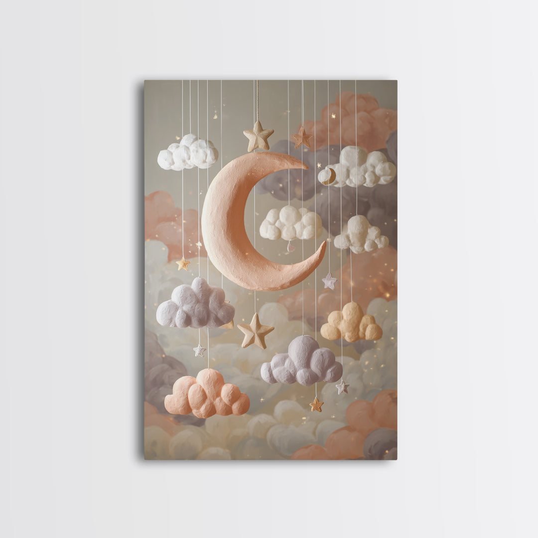 Moon Phase Mobile Framed Canvas Print, Nursery Decor, Kids Wall Art, Abstract Art, Nursery, Room Decor, Textured Painting, NDE-2x3-83