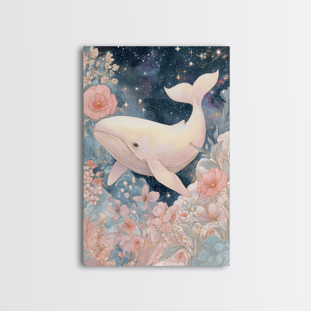 Baby Whale Swimming Through Stars Framed Canvas Print, Nursery Decor, Nursery Prints, Fine Art, Nursery, Nursery Wall Decal, NDE-2x3-88