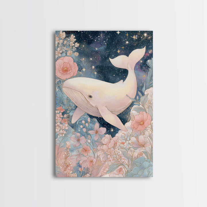 Baby Whale Swimming Through Stars Framed Canvas Print, Nursery Decor, Nursery Prints, Fine Art, Nursery, Nursery Wall Decal, NDE-2x3-88