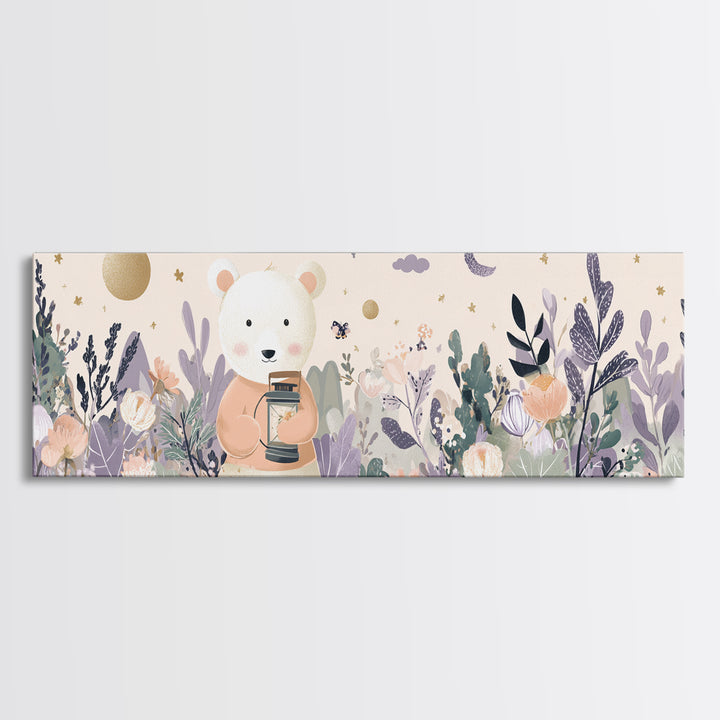Storybook Bear with Little Lantern Framed Canvas Print, Nursery Decor, Safari Nursery Decor, Fine Art, Nursery, Modern Decor, NDE-3x1-1
