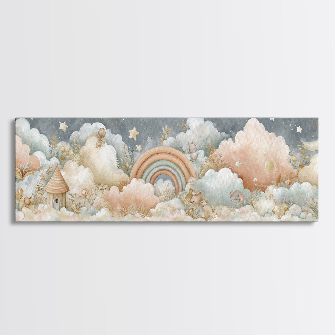 Cloud Rainbow and Raindrop Composition Framed Canvas Print, Nursery Decor, Nursery Name Sign, Fine Art, Nursery, Luxury Decor, NDE-3x1-12