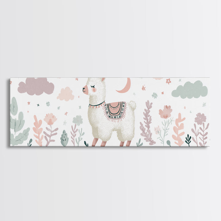 Cute Llama with Blanket Pattern Canvas Print, Nursery Decor, Playroom Decor, Nursery, Boy Nursery Decor, Gallery Decor, NDE-3x1-13