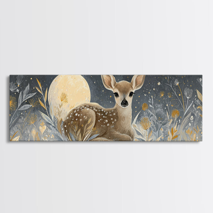 Baby Deer in Meadow with Fireflies Canvas Print, Nursery Decor, Modern Decor, Fine Art, Nursery, Wall Decor, Art Print, NDE-3x1-14