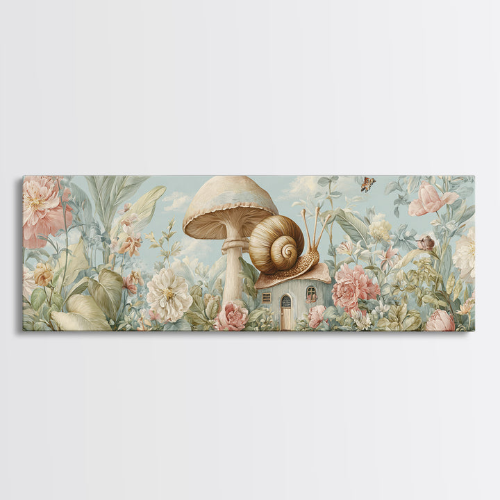 Garden Snail with Mushroom House Framed Canvas Print, Nursery Decor, Gallery Decor, Fine Art, Nursery, Wall Art, Home Decor, NDE-3x1-15