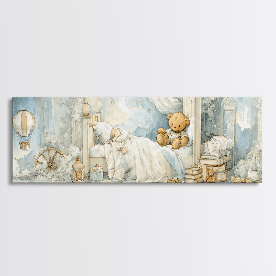 Storybook Bear with Little Lantern Canvas Print, Nursery Decor, Kids Wall Art, Abstract Art, Nursery, Room Decor, NDE-3x1-25