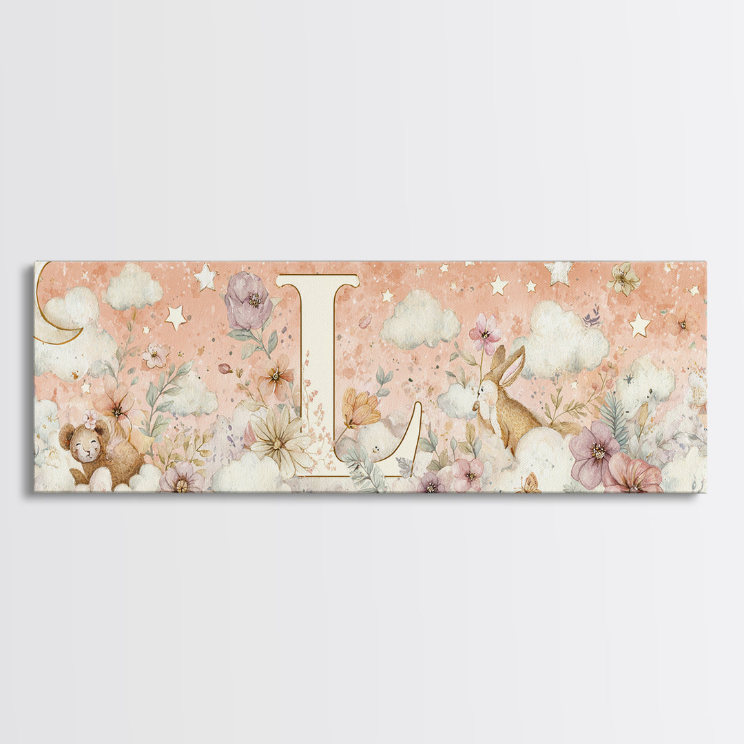 Soft Floral Initial Frame Without Letters Canvas Print, Nursery Decor, Woodland Nursery Decor, Nursery, Nursery Wall Decal, NDE-3x1-26
