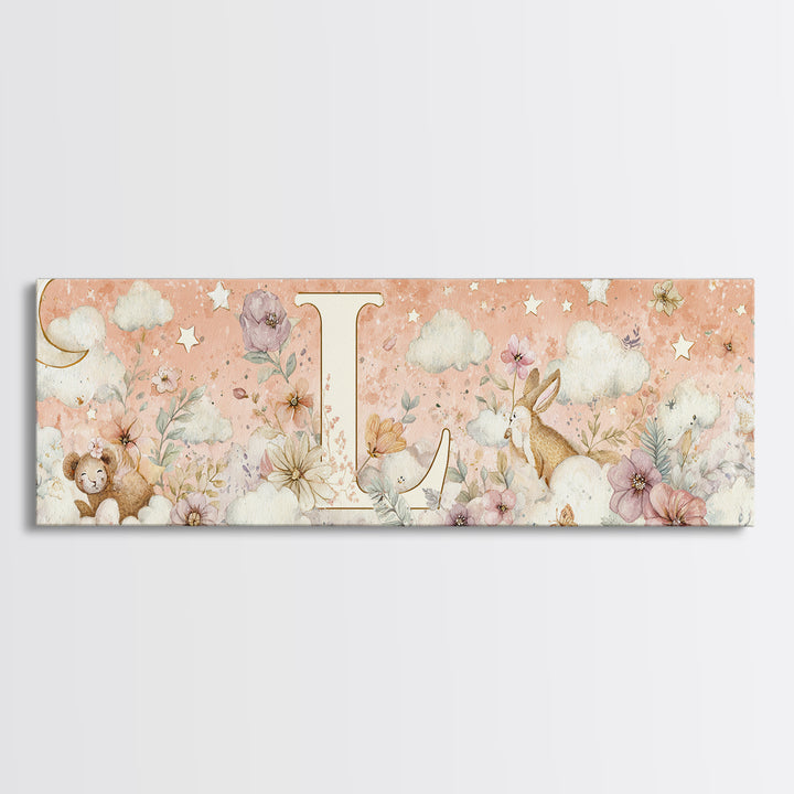 Soft Floral Initial Frame Without Letters Canvas Print, Nursery Decor, Woodland Nursery Decor, Nursery, Nursery Wall Decal, NDE-3x1-26