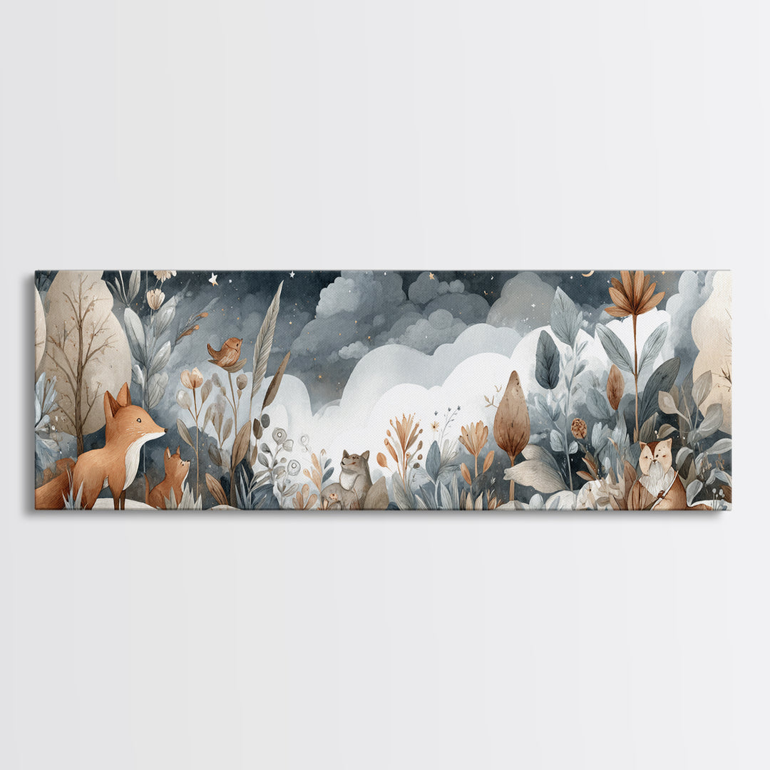 Fox and Owl Friends Canvas Print, Nursery Decor, Canvas, Fine Art, Nursery, Playroom Decor, Floral Wall Art, Botanical Wall Art, NDE-3x1-30