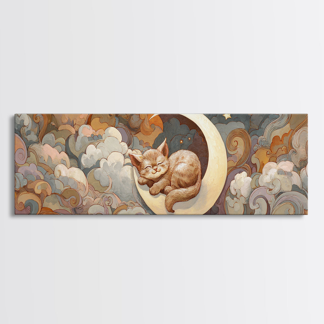 Sleeping Kitten on Crescent Moon Canvas Print, Nursery Decor, Wall Light, Fine Art, Nursery, Statement Artwork, Boho Decor, NDE-3x1-33