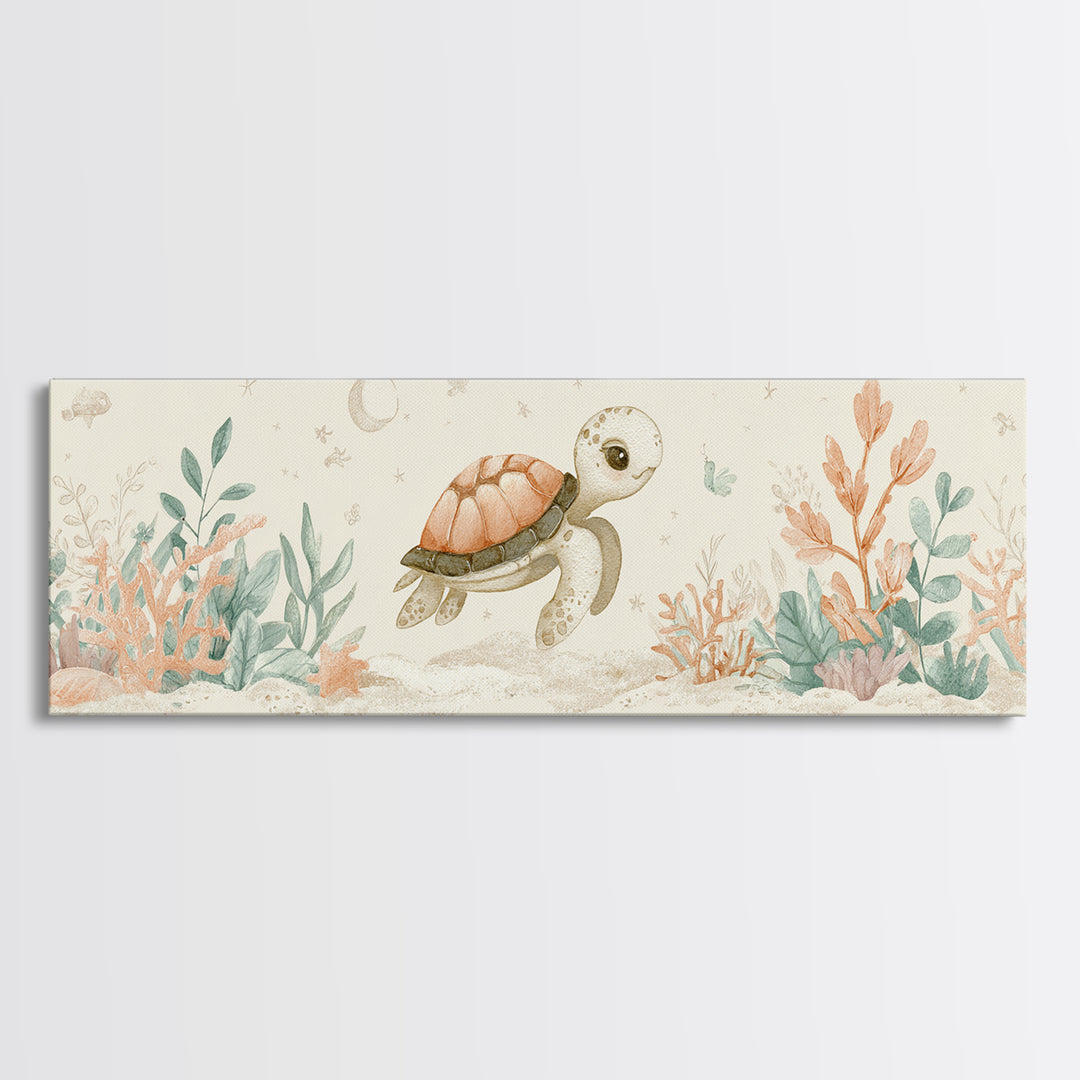 Tiny Turtle with Sea Plants Canvas Print, Nursery Decor, Minimalist Decor, Fine Art, Nursery, Wall Decals, Nursery Wall Decor, NDE-3x1-35