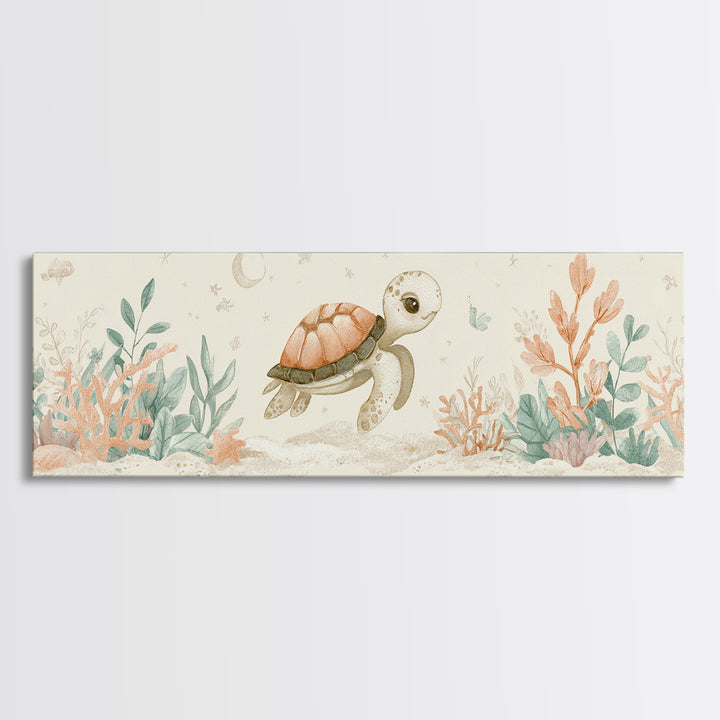 Tiny Turtle with Sea Plants Canvas Print, Nursery Decor, Minimalist Decor, Fine Art, Nursery, Wall Decals, Nursery Wall Decor, NDE-3x1-35