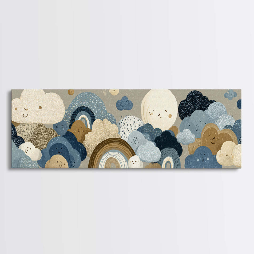 Cloud Rainbow and Raindrop Composition Canvas Print, Nursery Decor, Gallery Decor, Fine Art, Nursery, Wall Art, Home Decor, NDE-3x1-36