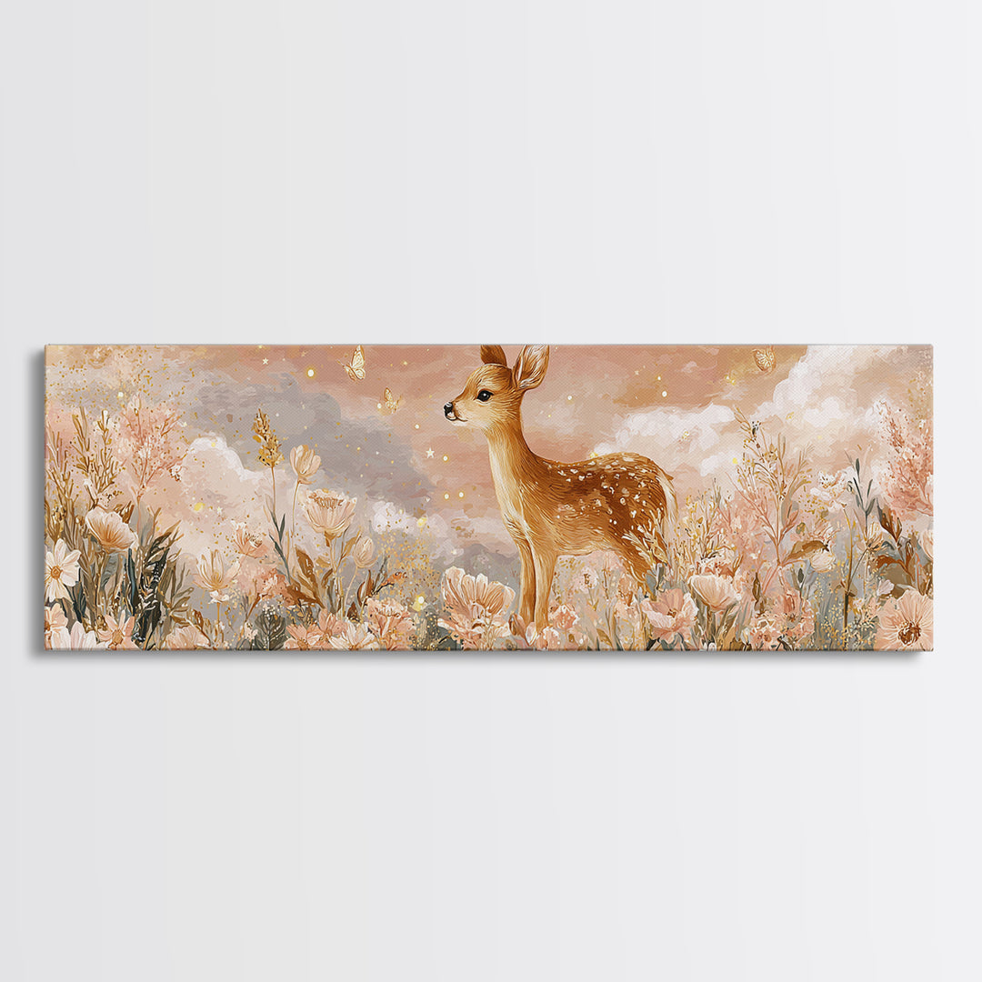Baby Deer in Meadow with Fireflies Canvas Print, Nursery Decor, Nursery Wall Decor, Oil Painting, Nursery, Nursery Name Sign, NDE-3x1-38