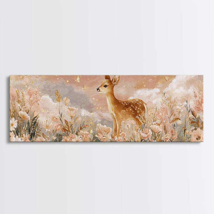 Baby Deer in Meadow with Fireflies Canvas Print, Nursery Decor, Nursery Wall Decor, Oil Painting, Nursery, Nursery Name Sign, NDE-3x1-38
