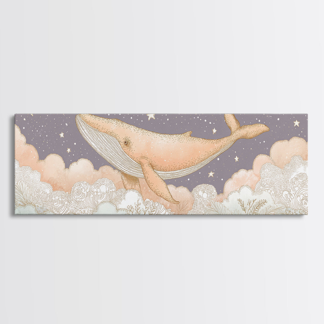 Baby Whale Swimming Through Stars Canvas Print, Nursery Decor, Textured Painting, Fine Art, Nursery, Bedroom Decor, Wall Decal, NDE-3x1-48