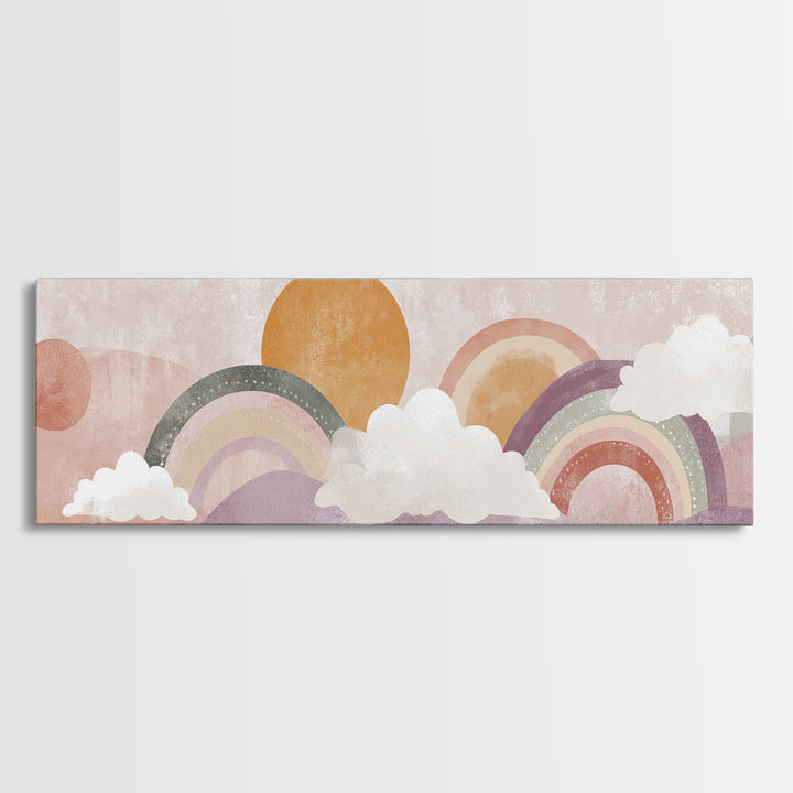 Neutral Boho Sun and Arch Shapes Framed Canvas Print, Nursery Decor, Framed Wall Art, Fine Art, Nursery, Safari Nursery Decor, NDE-3x1-51