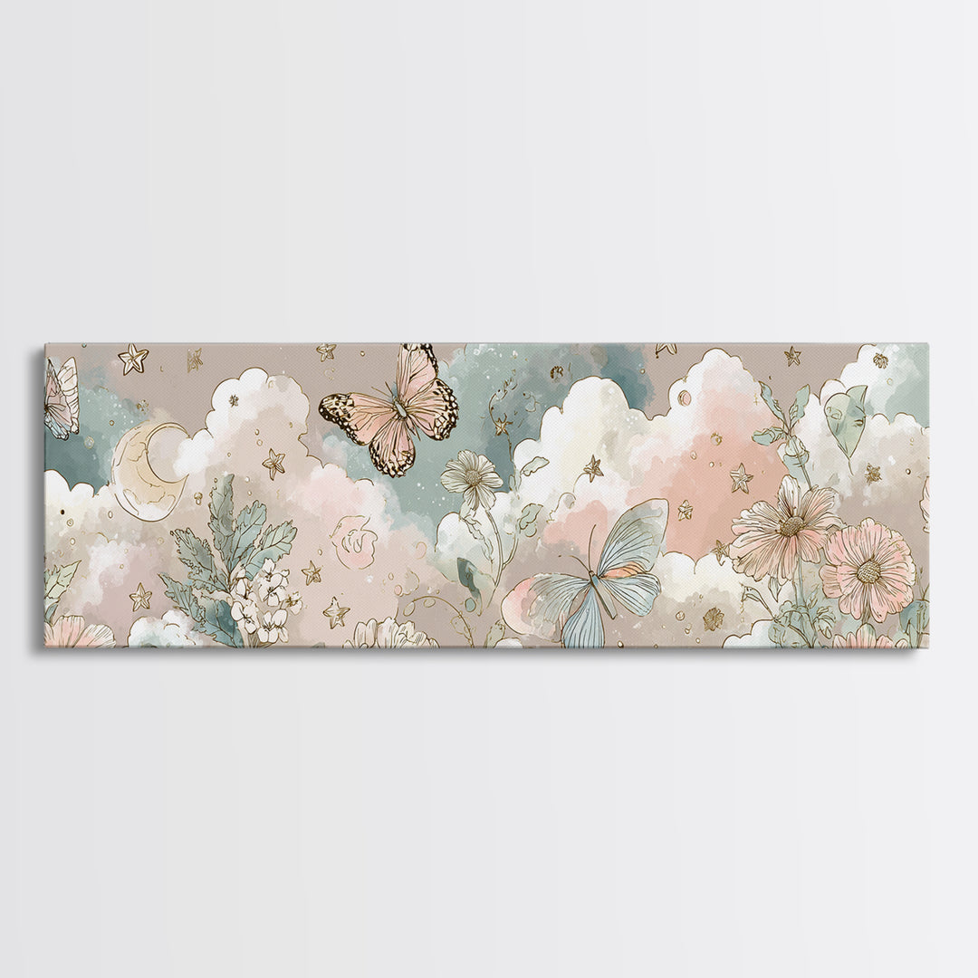 Pastel Butterfly and Wildflower Pattern Framed Canvas Print, Nursery Decor, Minimalist Decor, Oil Painting, Nursery, NDE-3x1-56