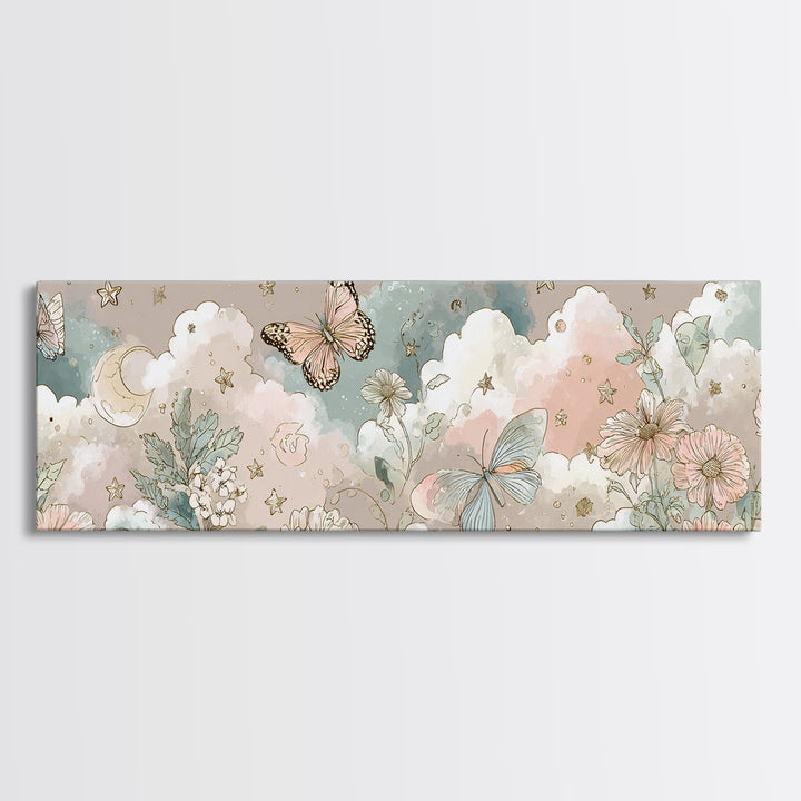 Pastel Butterfly and Wildflower Pattern Framed Canvas Print, Nursery Decor, Minimalist Decor, Oil Painting, Nursery, NDE-3x1-56