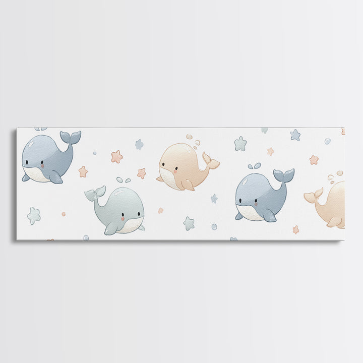 Baby Whale Swimming Through Stars Framed Canvas Print, Nursery Decor, Wall Decor, Fine Art, Nursery, Woodland Nursery Decor, NDE-3x1-72