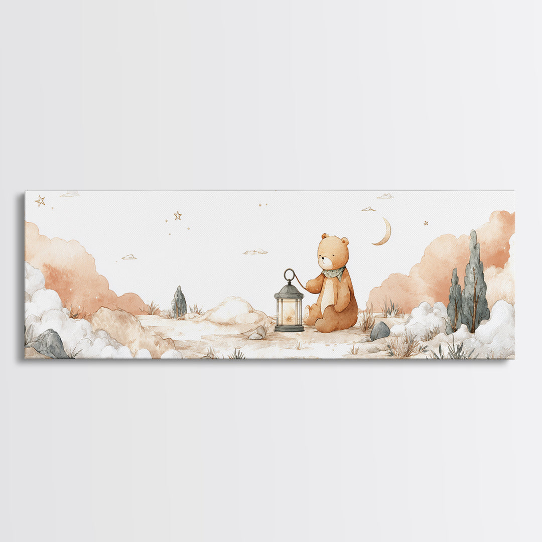 Storybook Bear with Little Lantern Framed Canvas Print, Nursery Decor, Neutral Decor, Fine Art, Nursery, Home Decor, Wall Decor, NDE-3x1-73