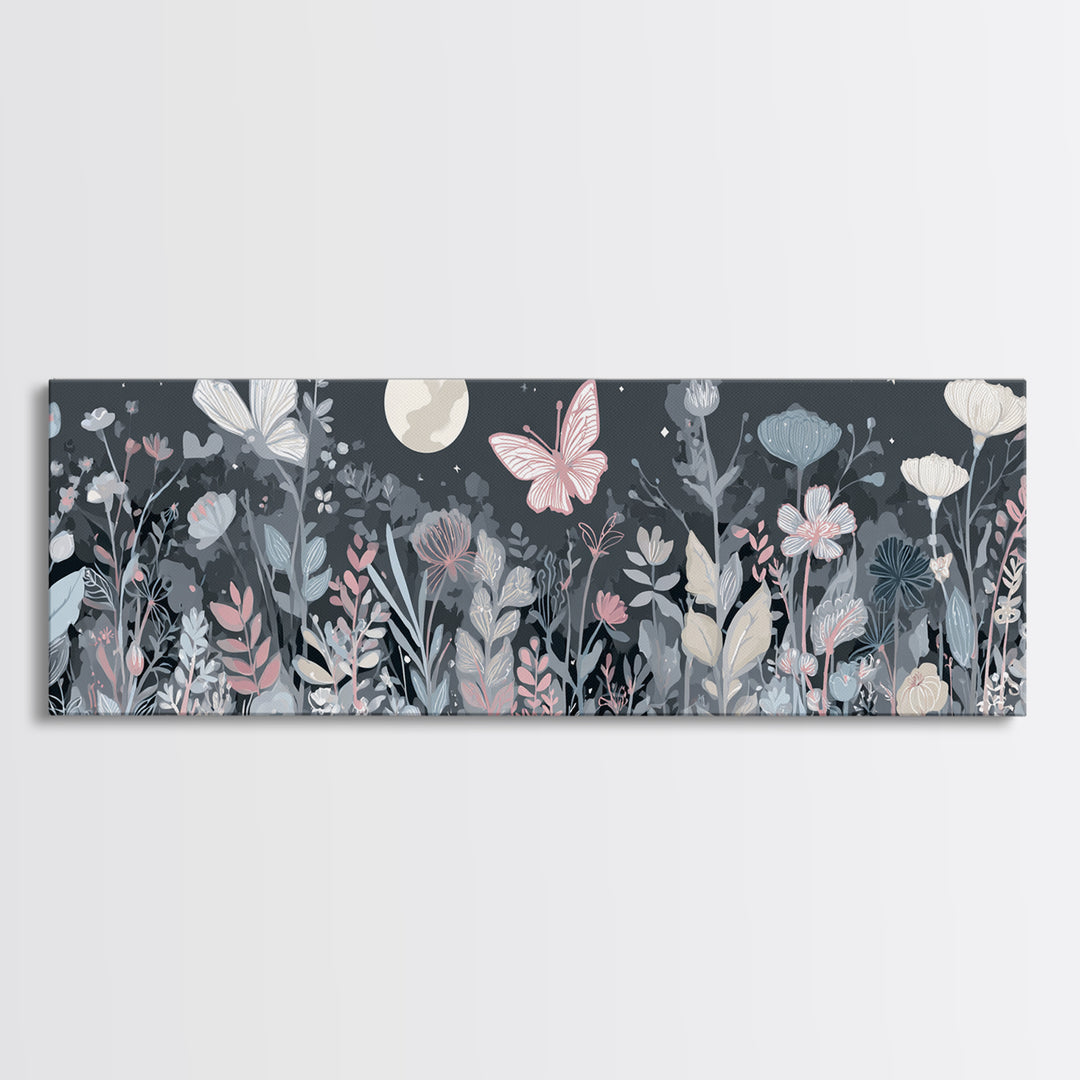 Pastel Butterfly and Wildflower Pattern Canvas Print, Nursery Decor, Watercolor Art, Nursery, Nursery Prints, NDE-3x1-80