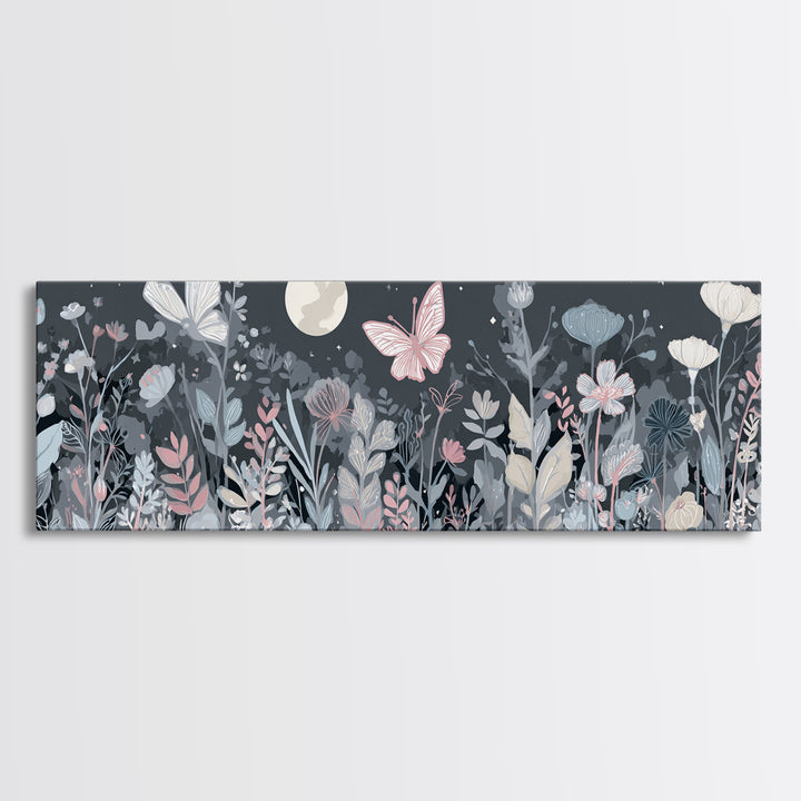 Pastel Butterfly and Wildflower Pattern Canvas Print, Nursery Decor, Watercolor Art, Nursery, Nursery Prints, NDE-3x1-80