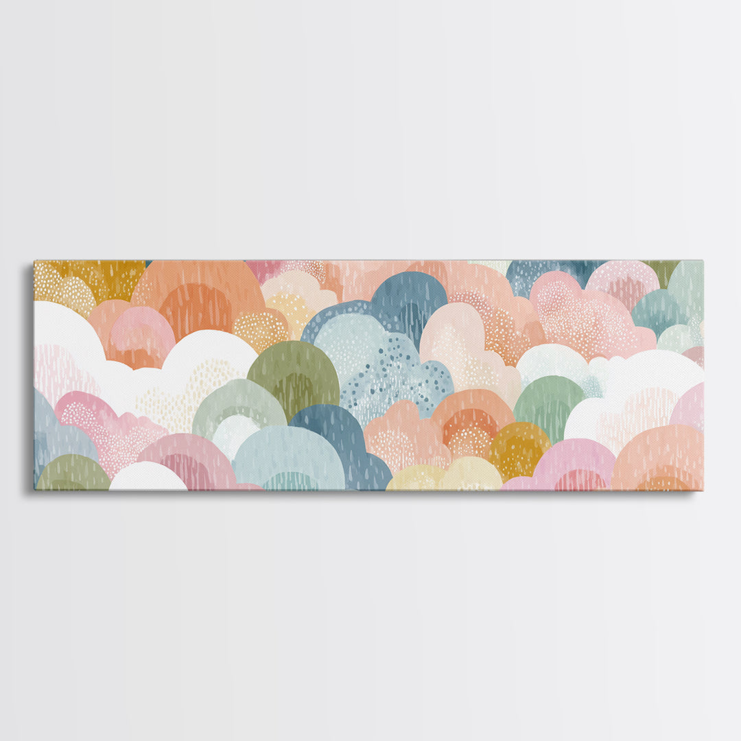 Cloud Rainbow and Raindrop Composition Framed Canvas Print, Nursery Decor, Canvas, Fine Art, Nursery, Playroom Decor, NDE-3x1-84
