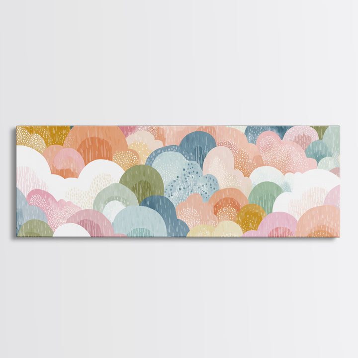 Cloud Rainbow and Raindrop Composition Framed Canvas Print, Nursery Decor, Canvas, Fine Art, Nursery, Playroom Decor, NDE-3x1-84