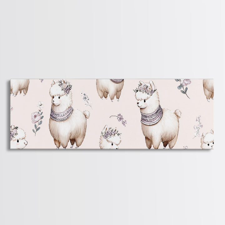 Cute Llama with Blanket Pattern Canvas Print, Nursery Decor, Nursery Wall Decal, Oil Painting, Nursery, Minimalist Decor, NDE-3x1-85