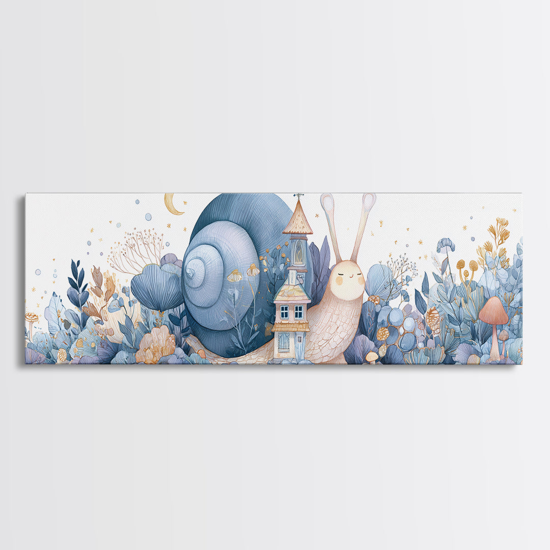 Garden Snail with Mushroom House Framed Canvas Print, Nursery Decor, Nursery, Fine Art, Nursery, Baby Girl Nursery Decor, NDE-3x1-87