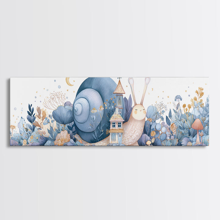 Garden Snail with Mushroom House Framed Canvas Print, Nursery Decor, Nursery, Fine Art, Nursery, Baby Girl Nursery Decor, NDE-3x1-87