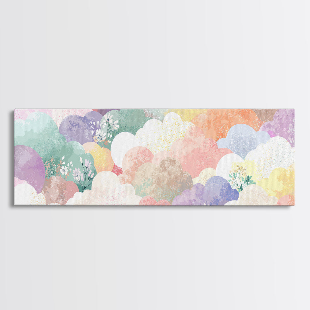 Pastel Rainbow with Soft Cloud Shapes Framed Canvas Print, Nursery Decor, Boho Decor, Fine Art, Nursery, Nursery Wall Art, NDE-3x1-89