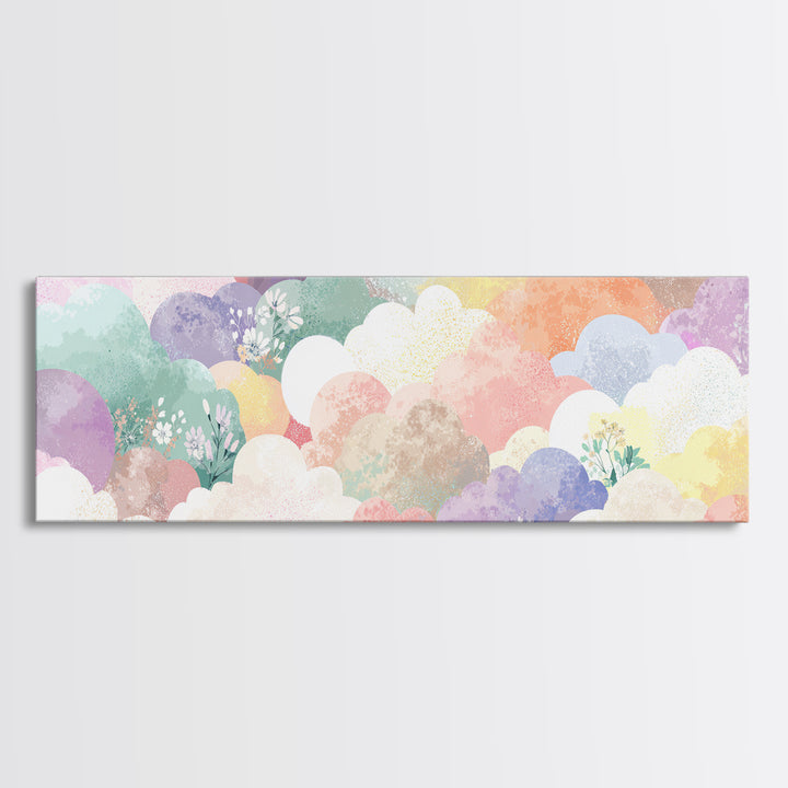 Pastel Rainbow with Soft Cloud Shapes Framed Canvas Print, Nursery Decor, Boho Decor, Fine Art, Nursery, Nursery Wall Art, NDE-3x1-89