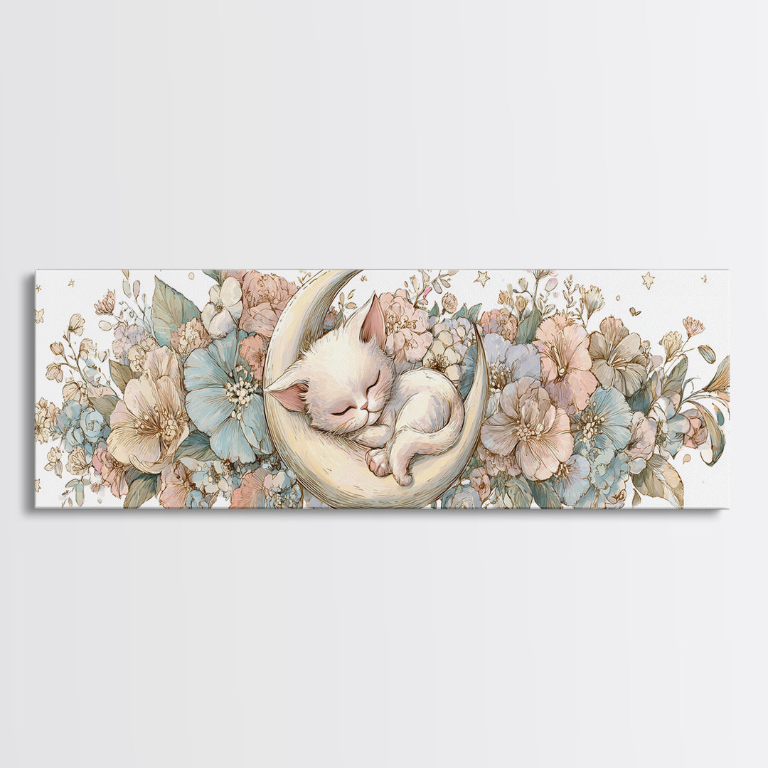 Sleeping Kitten on Crescent Moon Framed Canvas Print, Nursery Decor, Nursery Prints, Fine Art, Nursery, Nursery Wall Decal, NDE-3x1-9